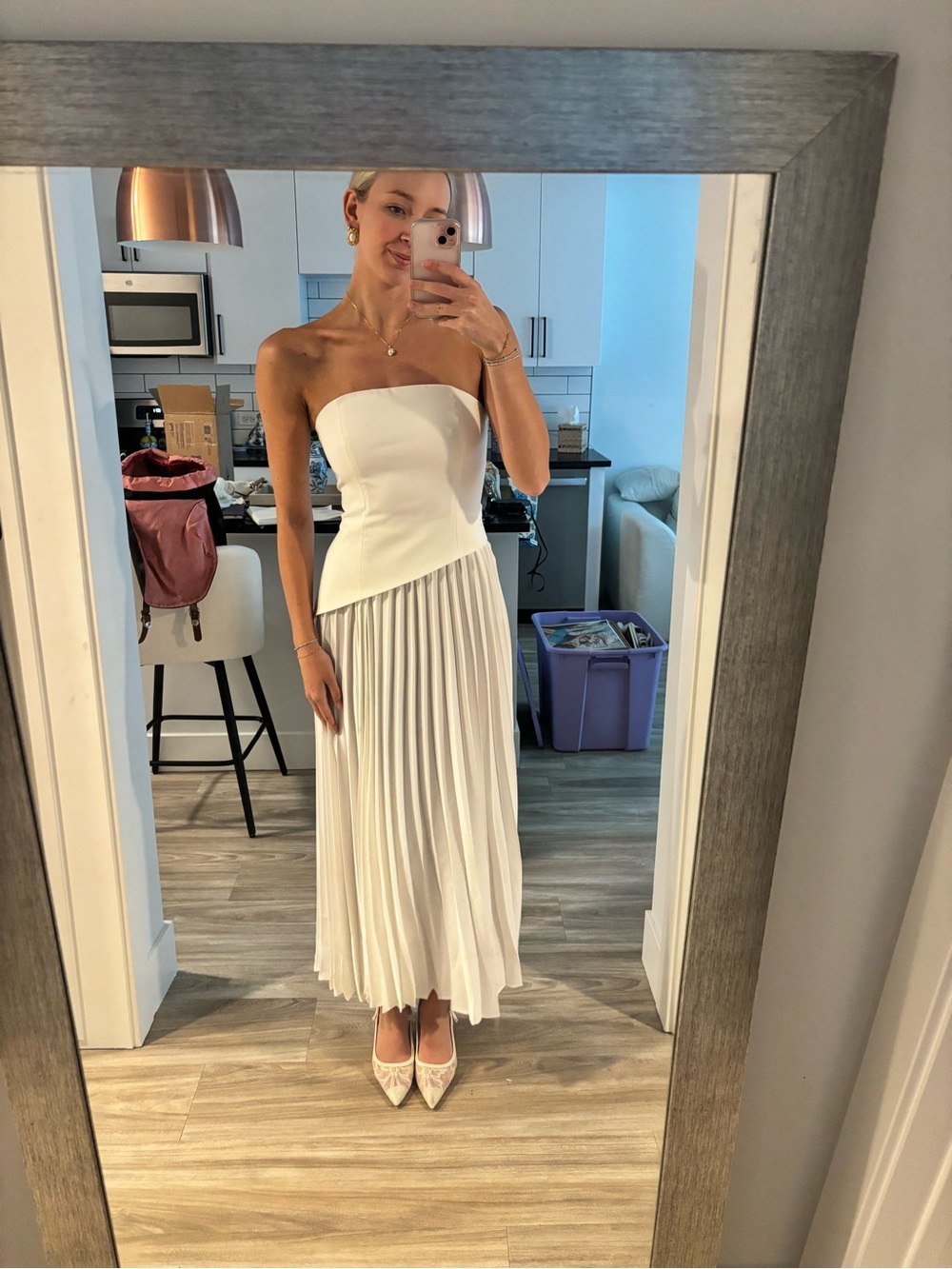 Strapless Pleated Midi Dress with Asymmetrical Waist- White